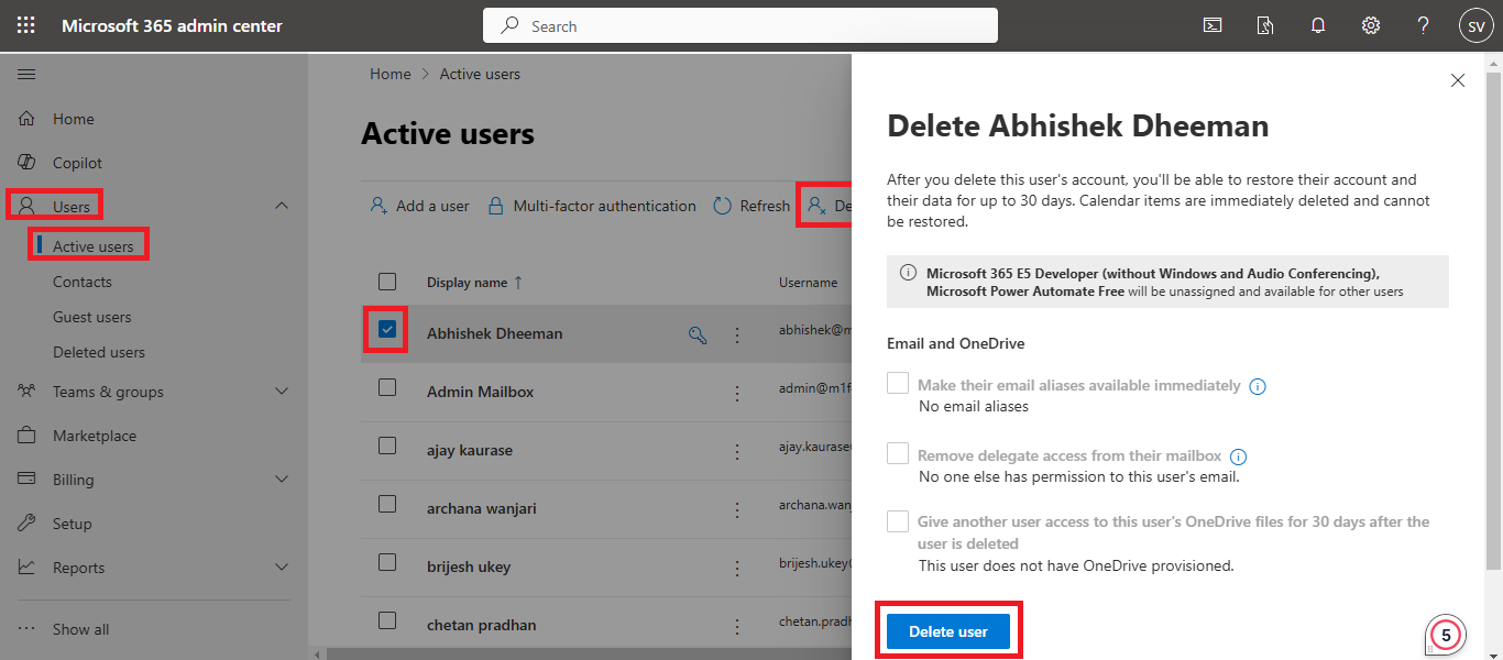 Microsoft 365 Admin Center Delete User