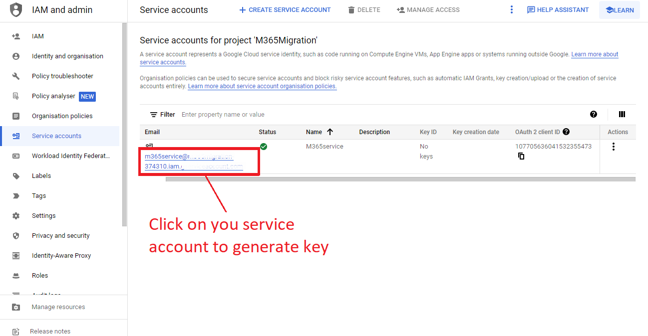 service account created