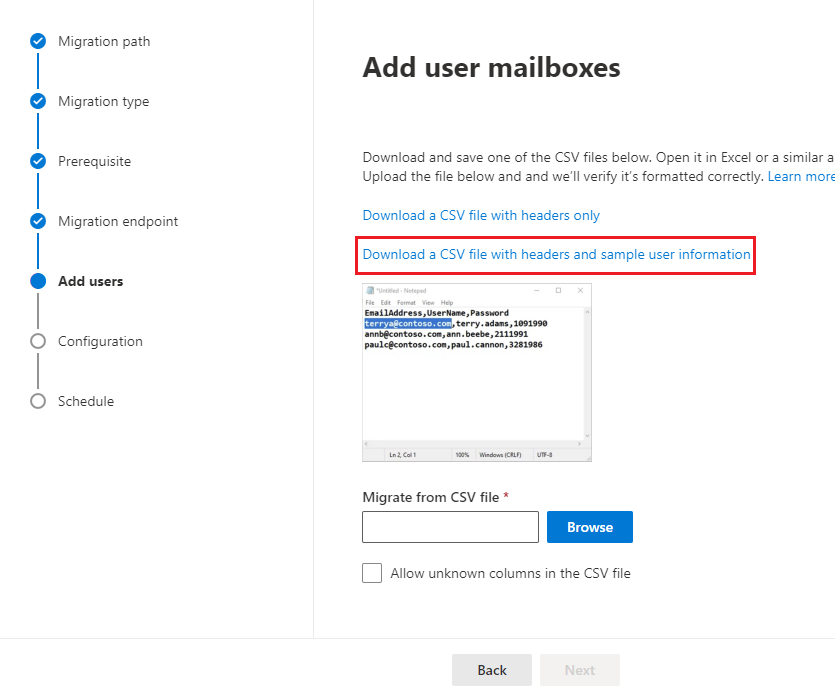 download a CSV file with headers and sample user information