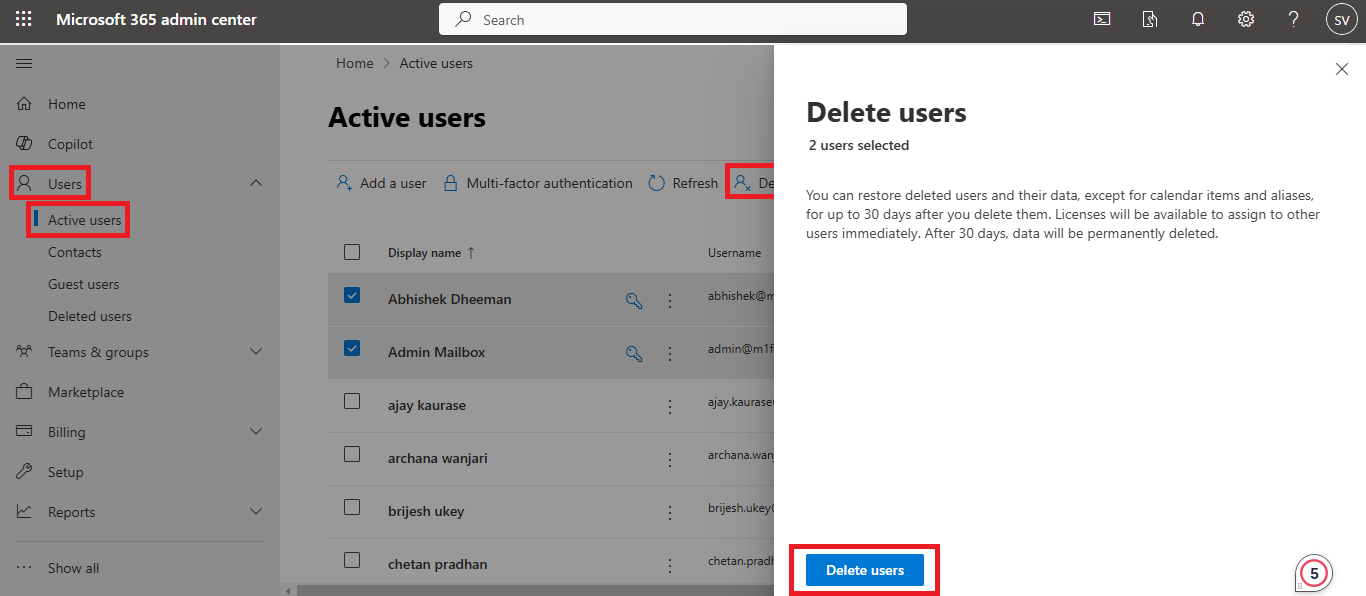 Microsoft 365 Admin Center Delete Users