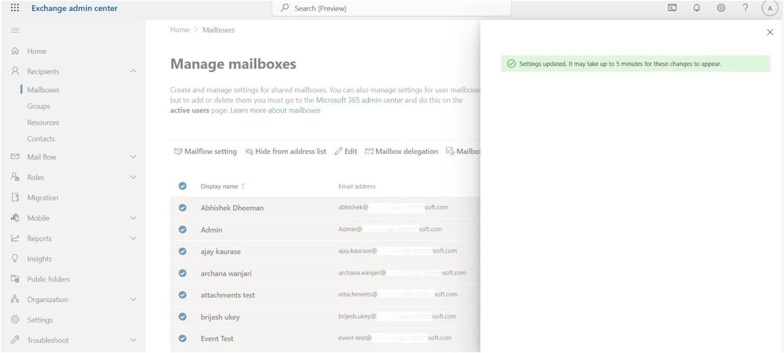 Mailbox settings in Exchange