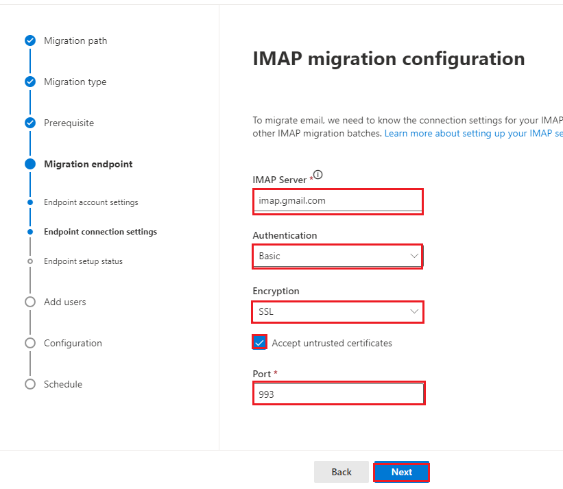 Enter the Gmail IMAP server details