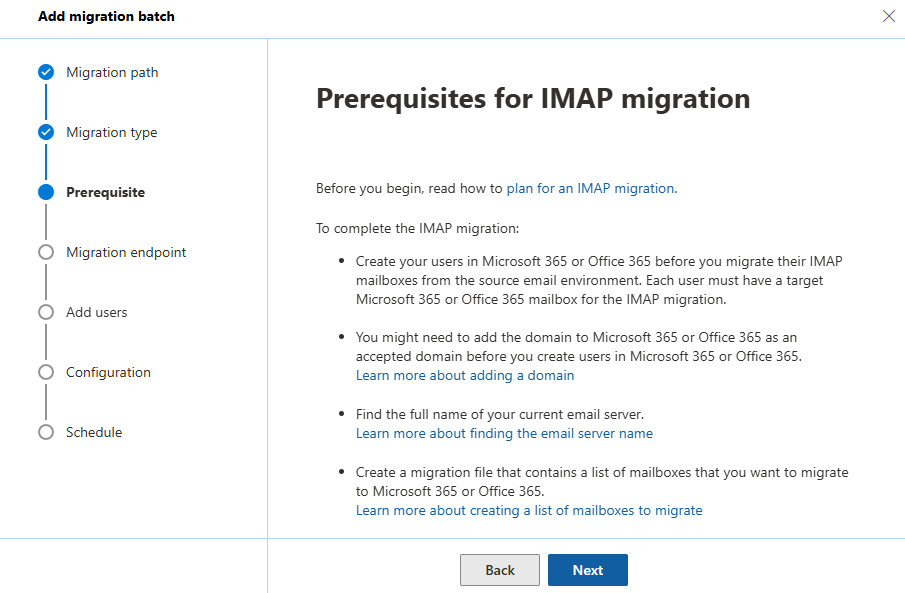 prerequisites for imap migration