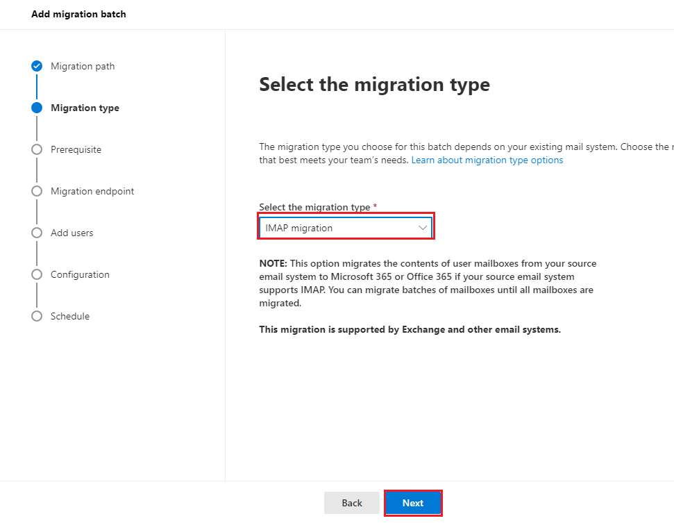 Select the migration type to IMAP migration