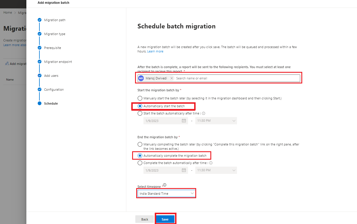 select user for receiving migration repot