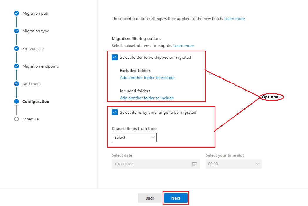 migrate emails from a specific time range