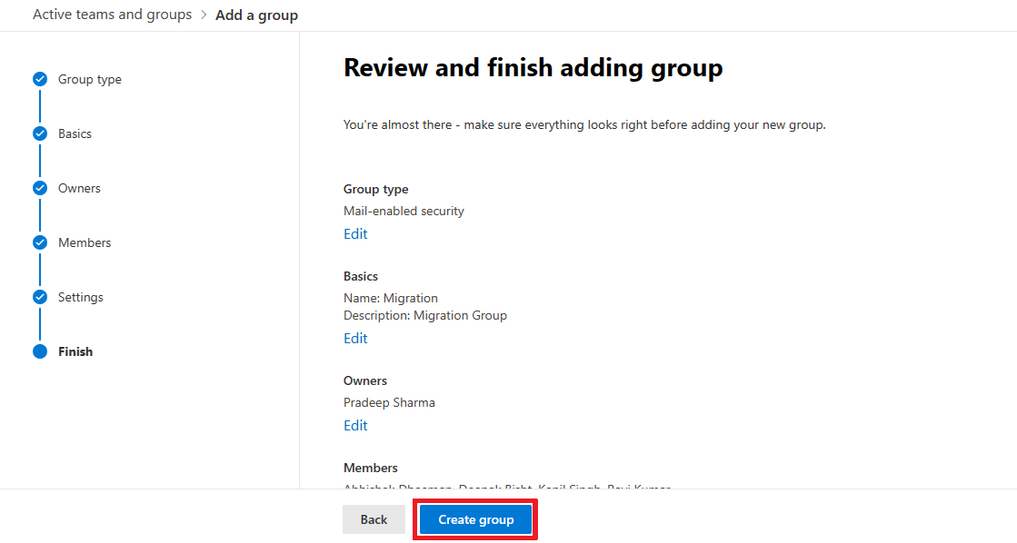 review and create group