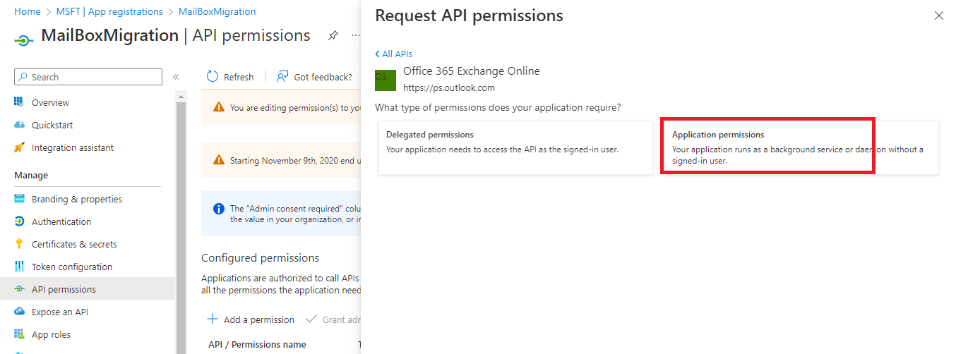 click on Application permissions