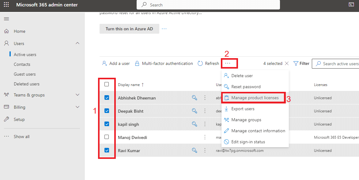 select users then go to three dots>manage product licenses