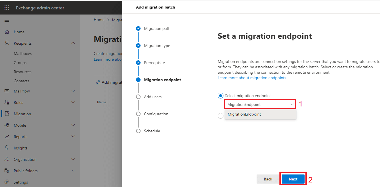 set a migration end point>next