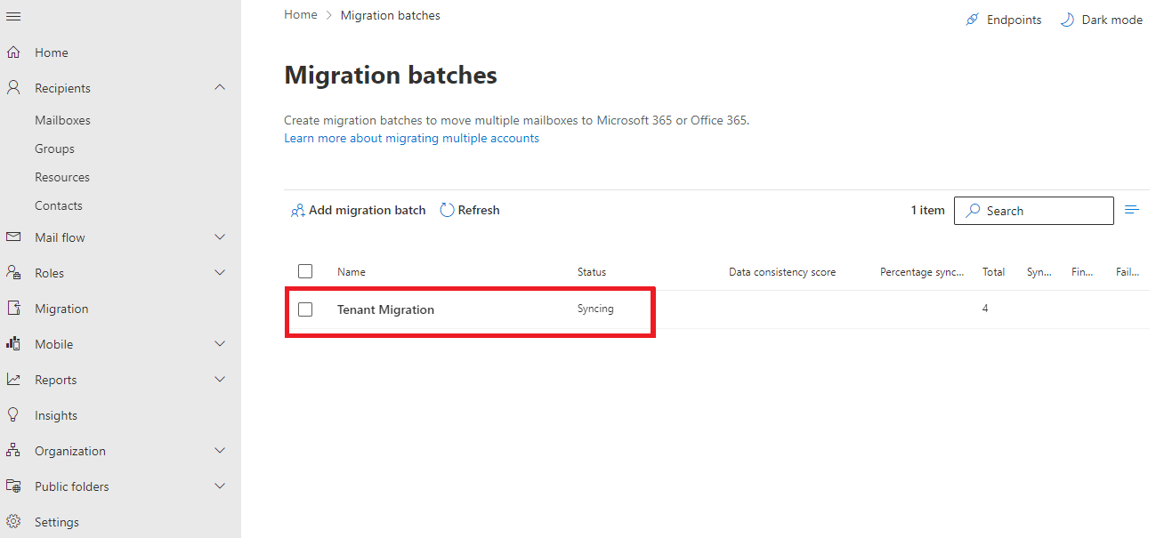 status shown of your migration batch as Syncing