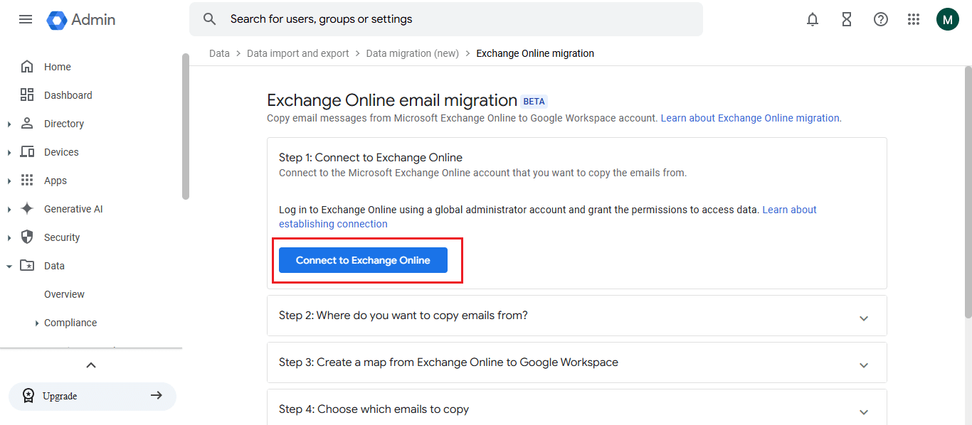 click on connect to exchange online