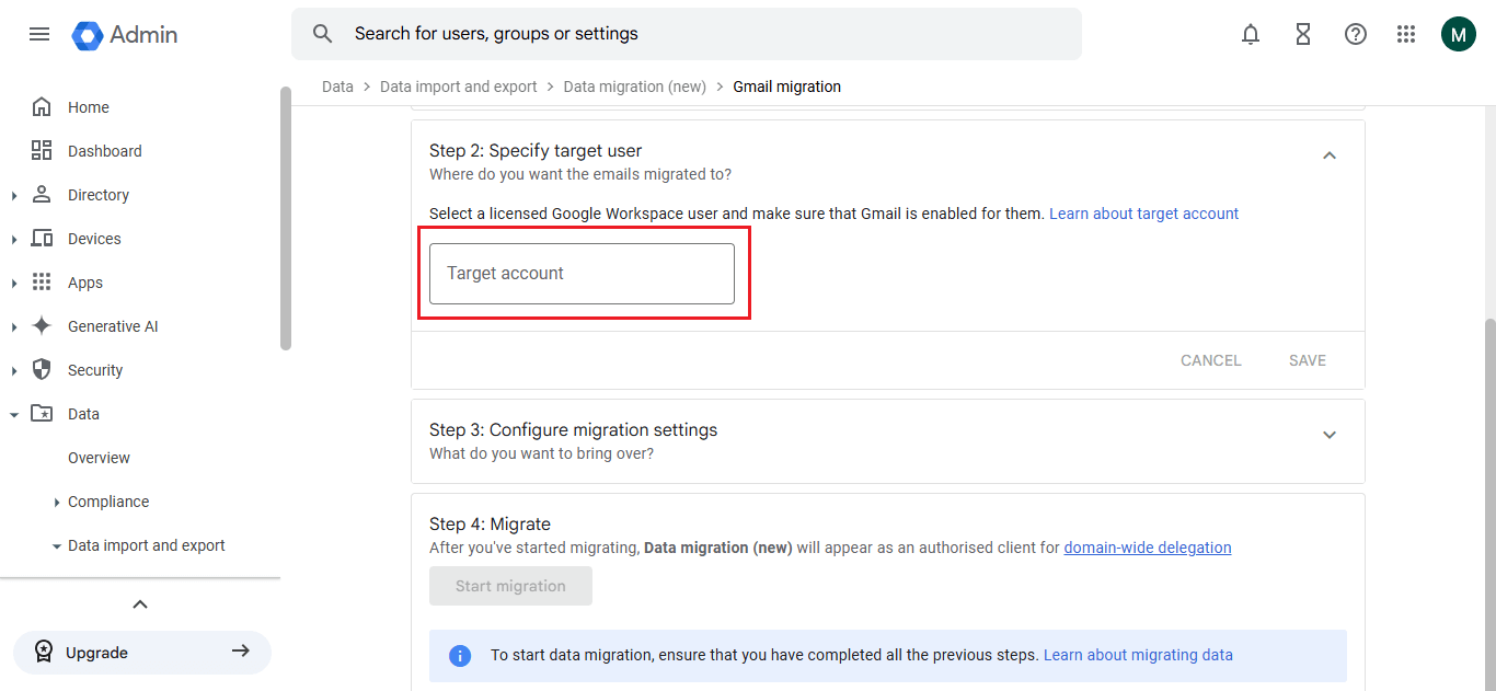 select the Target Workspace account