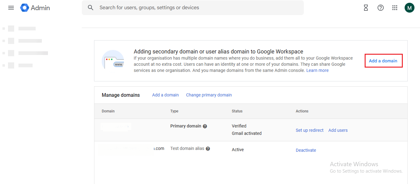 Click on Add a domain